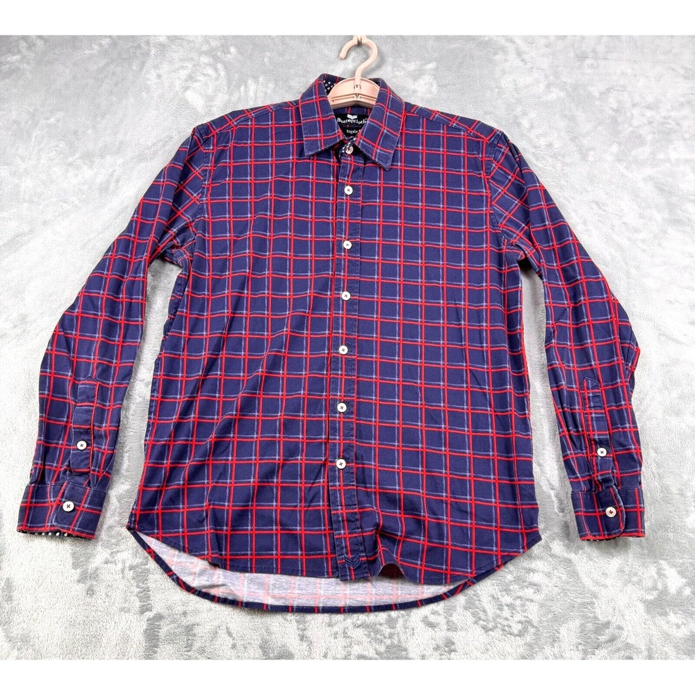 Buttercloth‎ Button Up Shirt Mens Medium Blue Red Plaid Regular Fit Long Sleeve